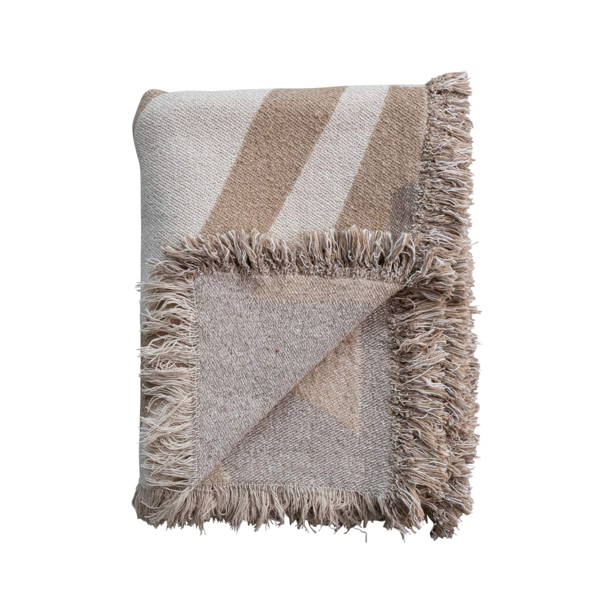 Hello Honey® Brown & Beige Wave Design Woven Reclaimed Cotton Blend Throw with Fringe